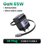 65W GaN Fast Wall Charger with Built-in Retractable USB-C Cable