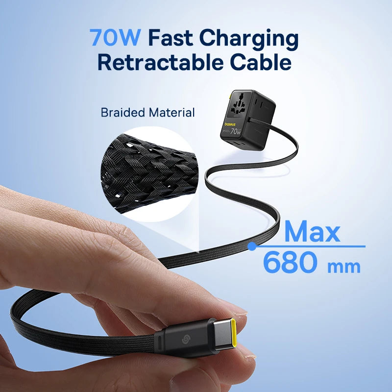 70W Universal Travel Adapter with Built-in Retractable Cable