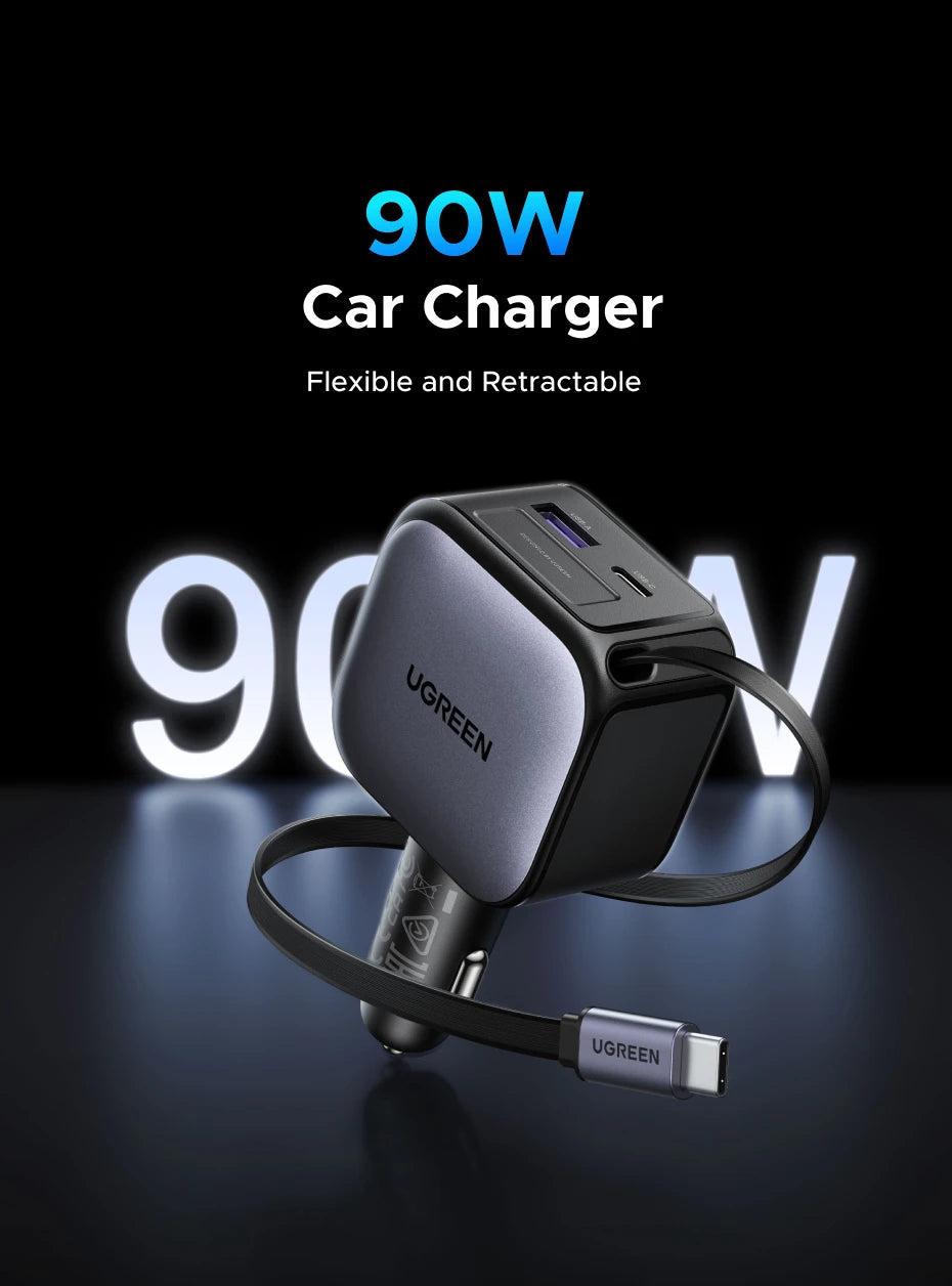 Fast-Charging Retractable USB-C Car Charger with Multiple Ports