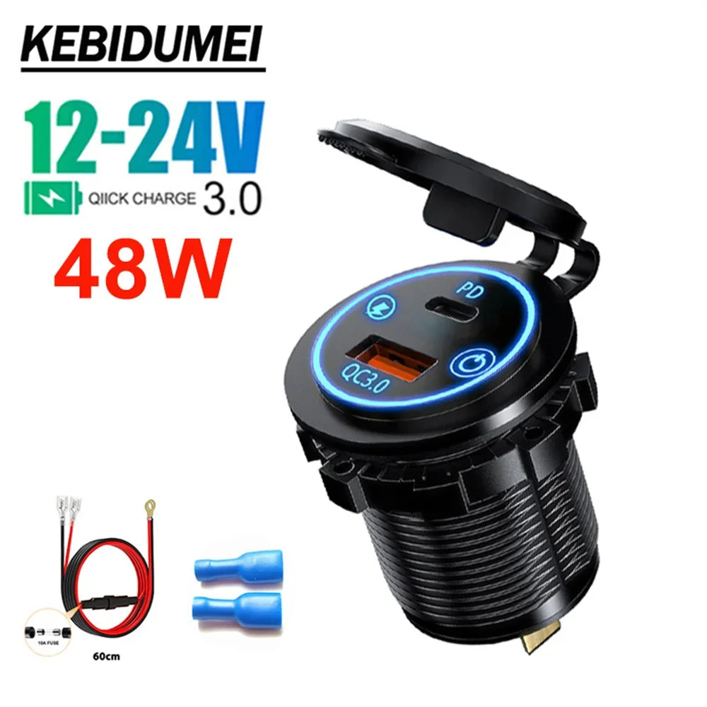Dual USB Type C Quick Charger Socket PD30W QC3.0 for 12V 24V Vehicles