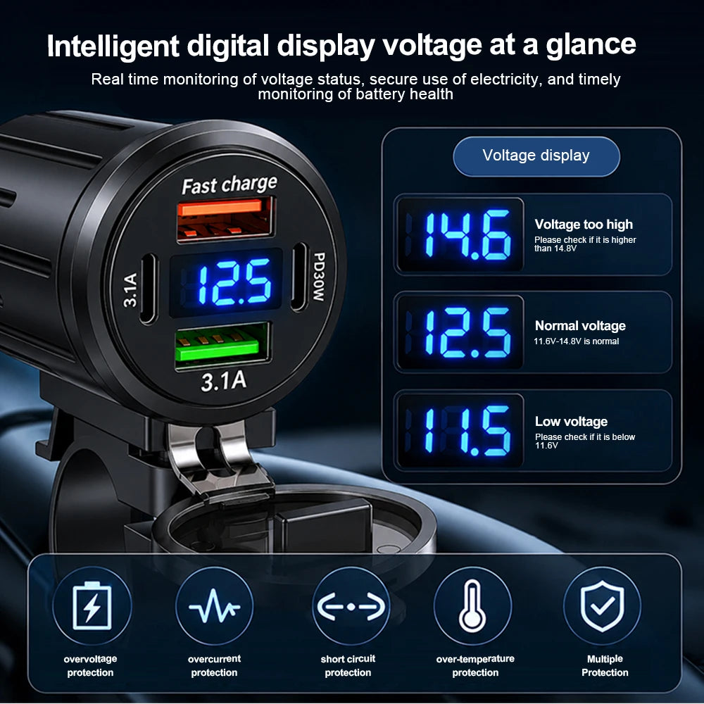 83W Motorcycle Handlebar USB Fast Charger with Voltmeter