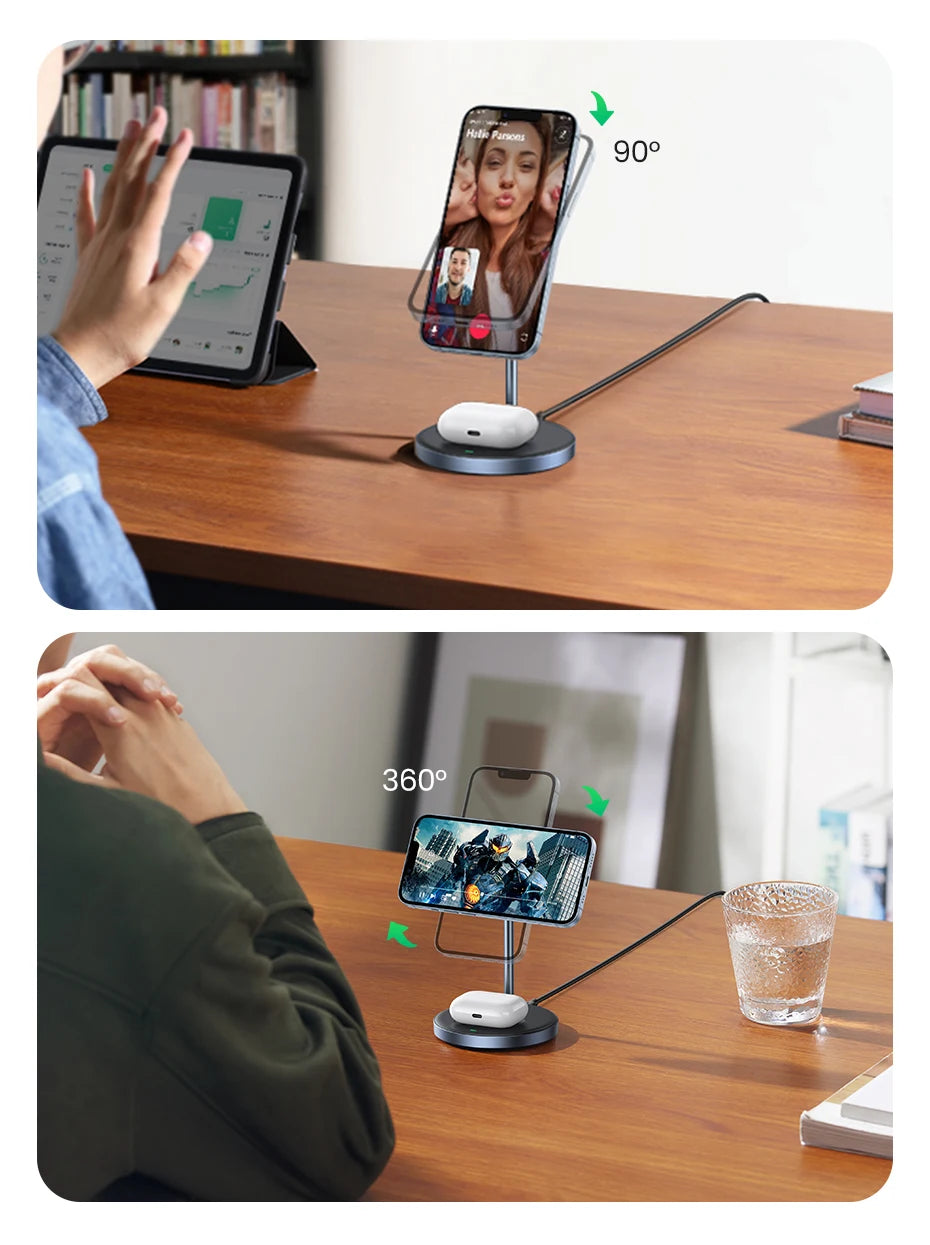 2-in-1 Magnetic Wireless Charging Stand for Phones and Earbuds