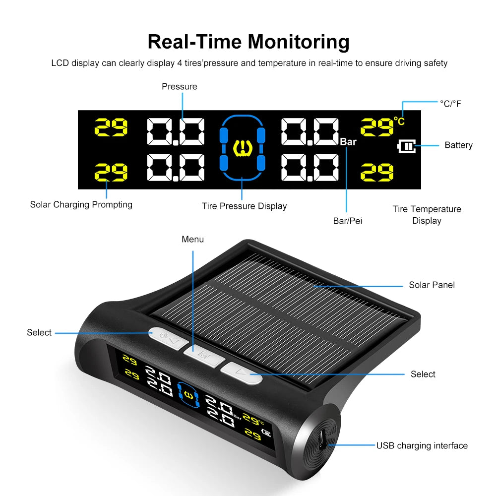 Solar Tire Pressure Monitoring System with 4 Wireless Sensors - 2