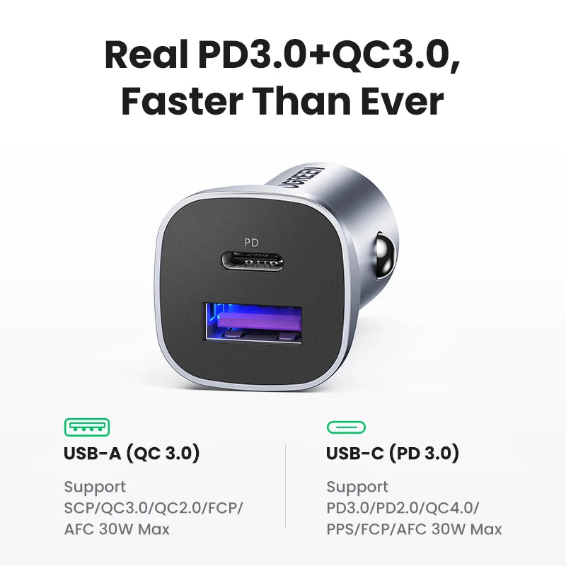 30W Dual Port Fast Car Charger with PD 3.0 and QC 4.0