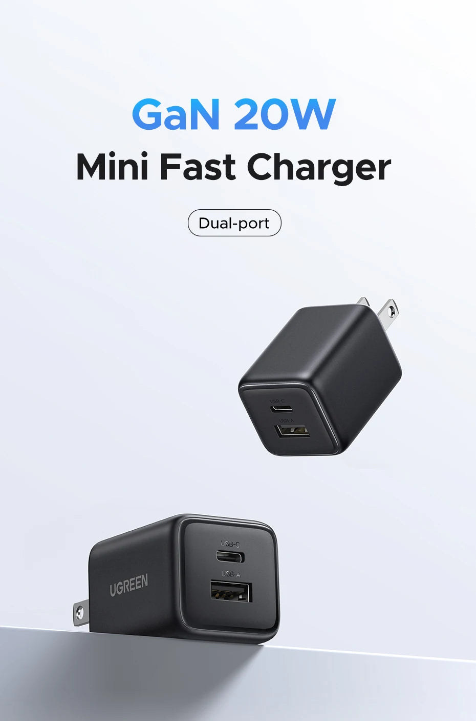 20W GaN Dual-Port USB-C and USB-A Fast Wall Charger