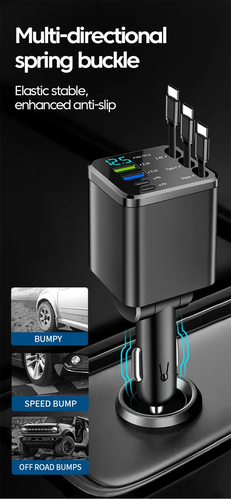 7-in-1 Fast Car Charger with Retractable Cables and Digital Voltmeter - 15