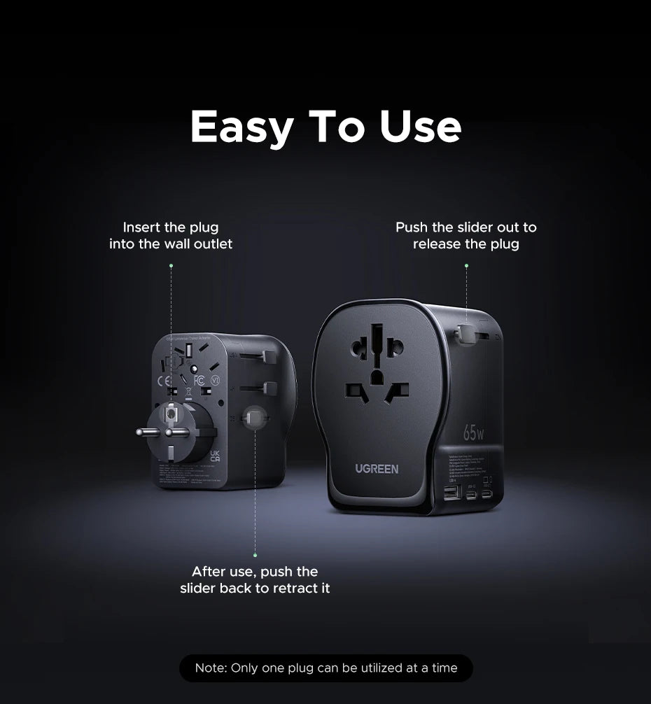 65W GaN Universal Travel Adapter with 2 USB-C and 1 USB-A Ports