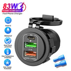 83W 4 Port USB and USB-C Fast Car Charger Socket for 12V 24V Vehicles