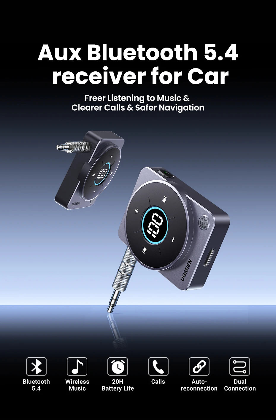 Bluetooth 5.4 Aux Adapter for Car with LED Display - 7