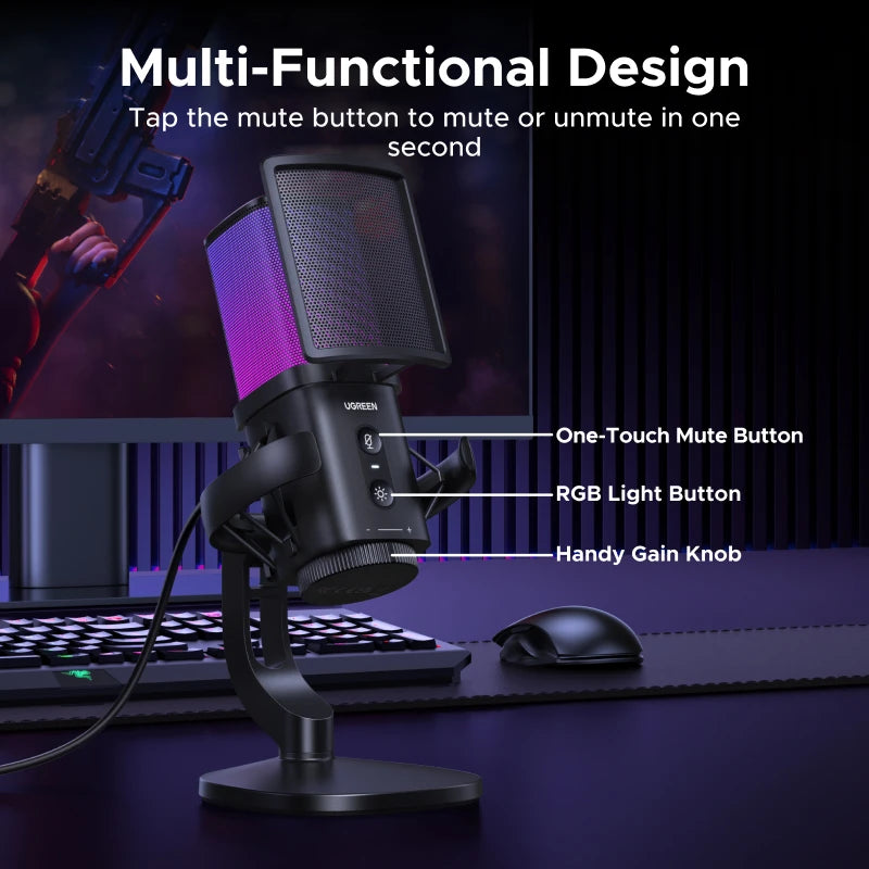 USB Condenser Microphone with RGB Lighting for Gaming and Streaming