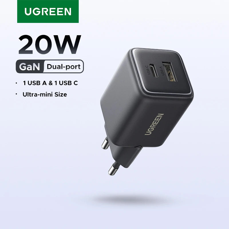 20W GaN Dual-Port USB-C and USB-A Fast Wall Charger