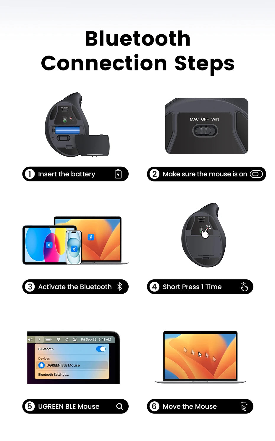 Ergonomic Vertical Wireless Mouse with Bluetooth 5.0 and 4000 DPI - 16