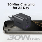 30W GaN Fast Wall Charger with 3 Ports for Smartphones and Tablets