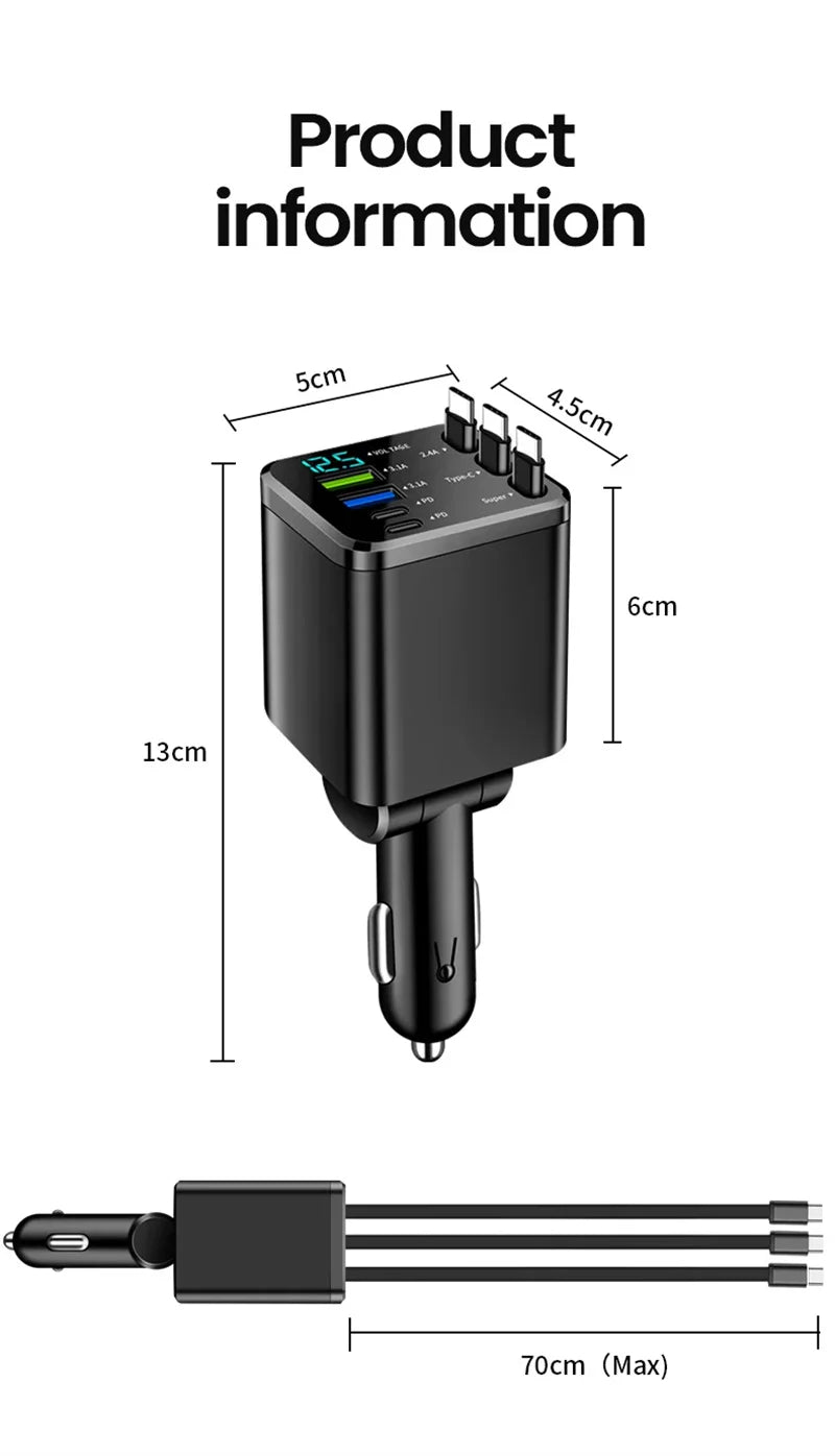 7-in-1 Fast Car Charger with Retractable Cables and Digital Voltmeter - 18