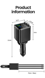 7-in-1 Fast Car Charger with Retractable Cables and Digital Voltmeter