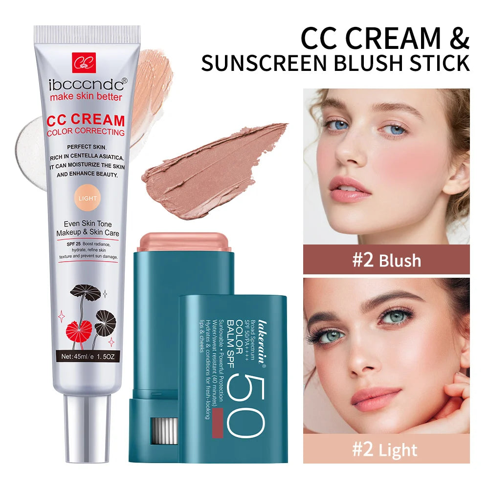 Color Correcting CC Cream and Sunscreen Blush Stick Duo Set