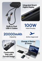 100W 20000mAh Fast Charging Power Bank with Built-In USB-C Cables