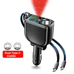 120W 5 in 1 Retractable Car Charger with Voltmeter and Starry Light