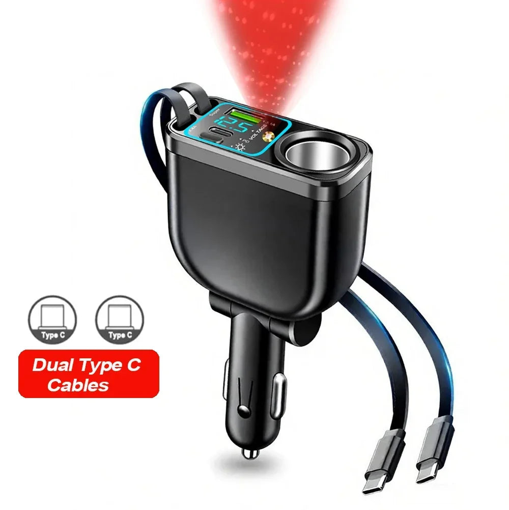 120W 5 in 1 Retractable Car Charger with Voltmeter and Starry Light