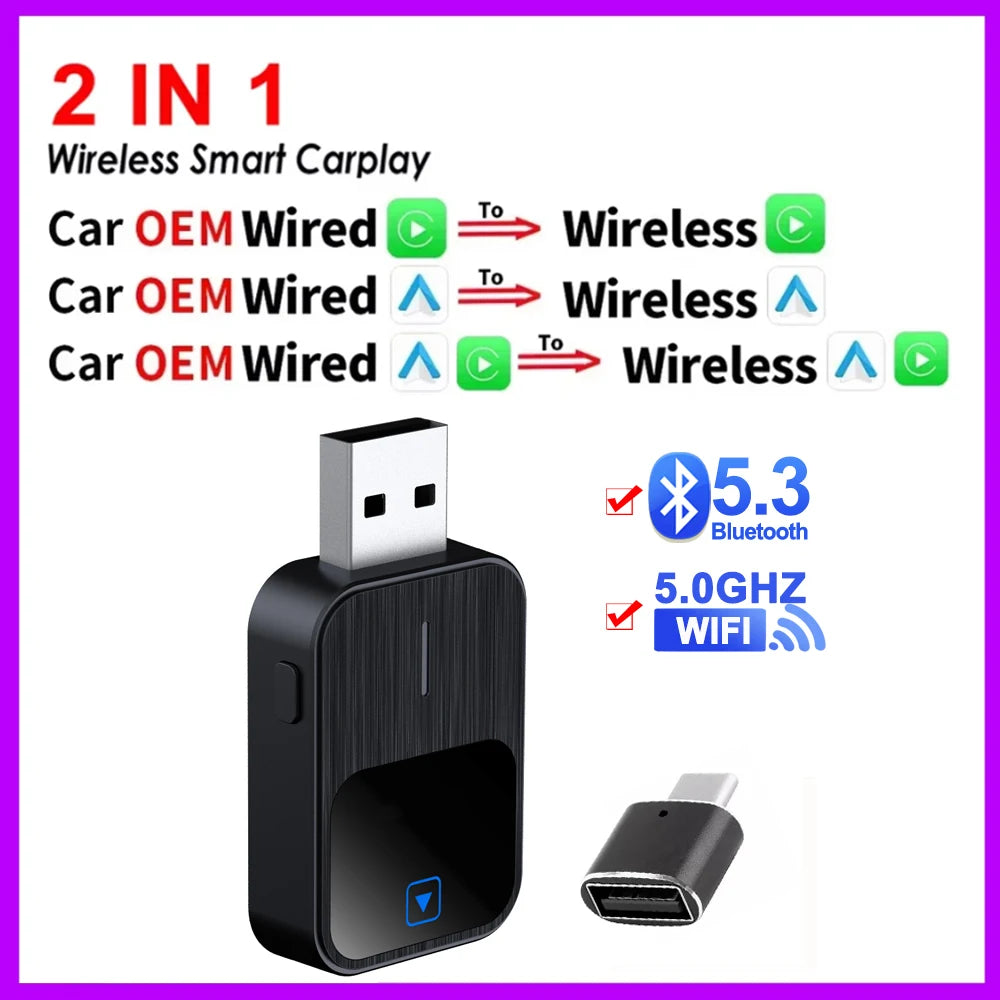 2 in 1 Wireless CarPlay and Android Auto Adapter Bluetooth 5.3 WiFi