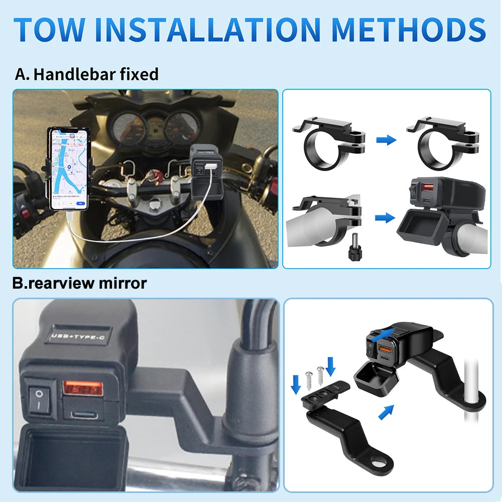 Motorcycle 100W Bidirectional USB Charger with Voltmeter and Switch