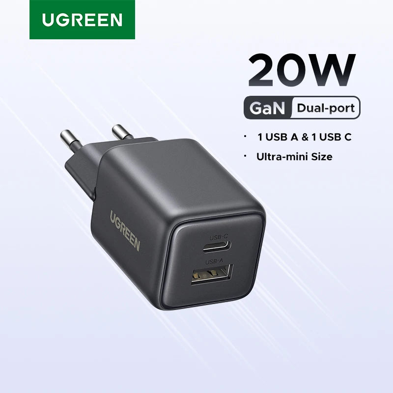 20W GaN Dual-Port USB-C and USB-A Fast Wall Charger