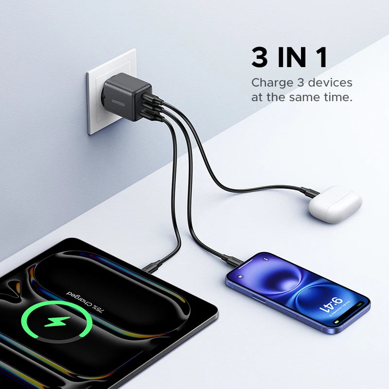 30W GaN Fast Wall Charger with Triple USB Ports