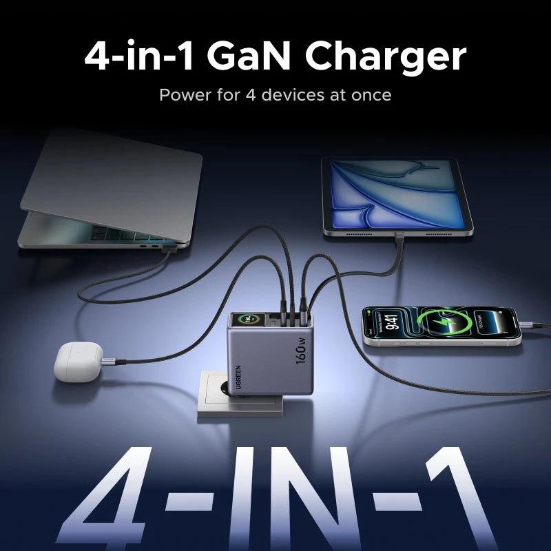 160W GaN Fast Charger with Smart Display and Retractable Cable - 4
