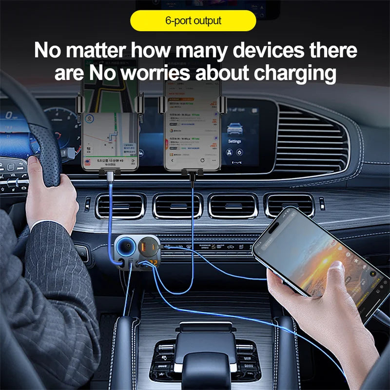 6-in-1 Retractable Fast Car Charger Adapter with Dual Lighter Ports - 13