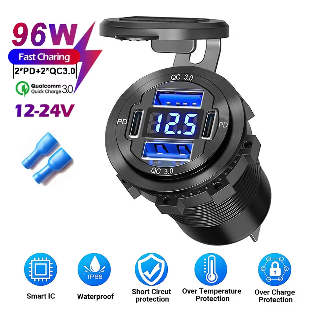 83W 4 Port USB and USB-C Fast Car Charger Socket for 12V 24V Vehicles