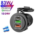 83W 4 Port USB and USB-C Fast Car Charger Socket for 12V 24V Vehicles