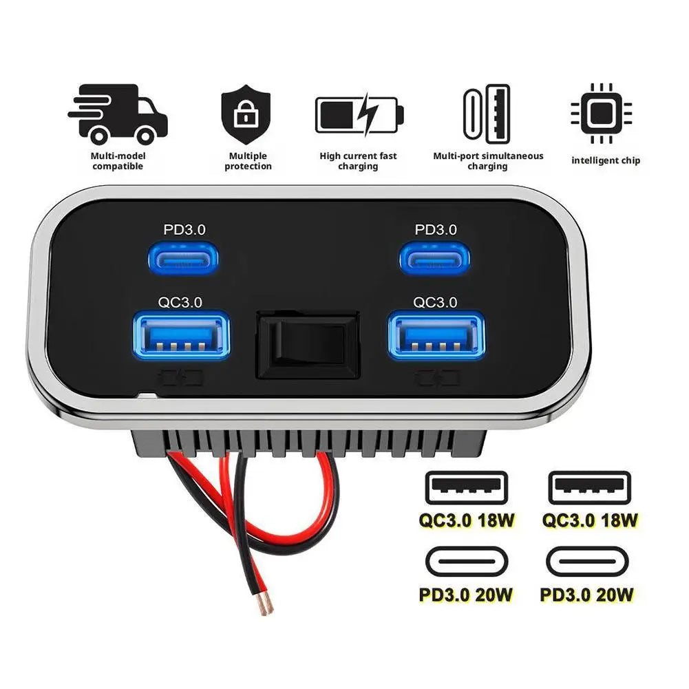 4 Port USB Car Charger with QC3.0 and PD3.0 Fast Charging Socket