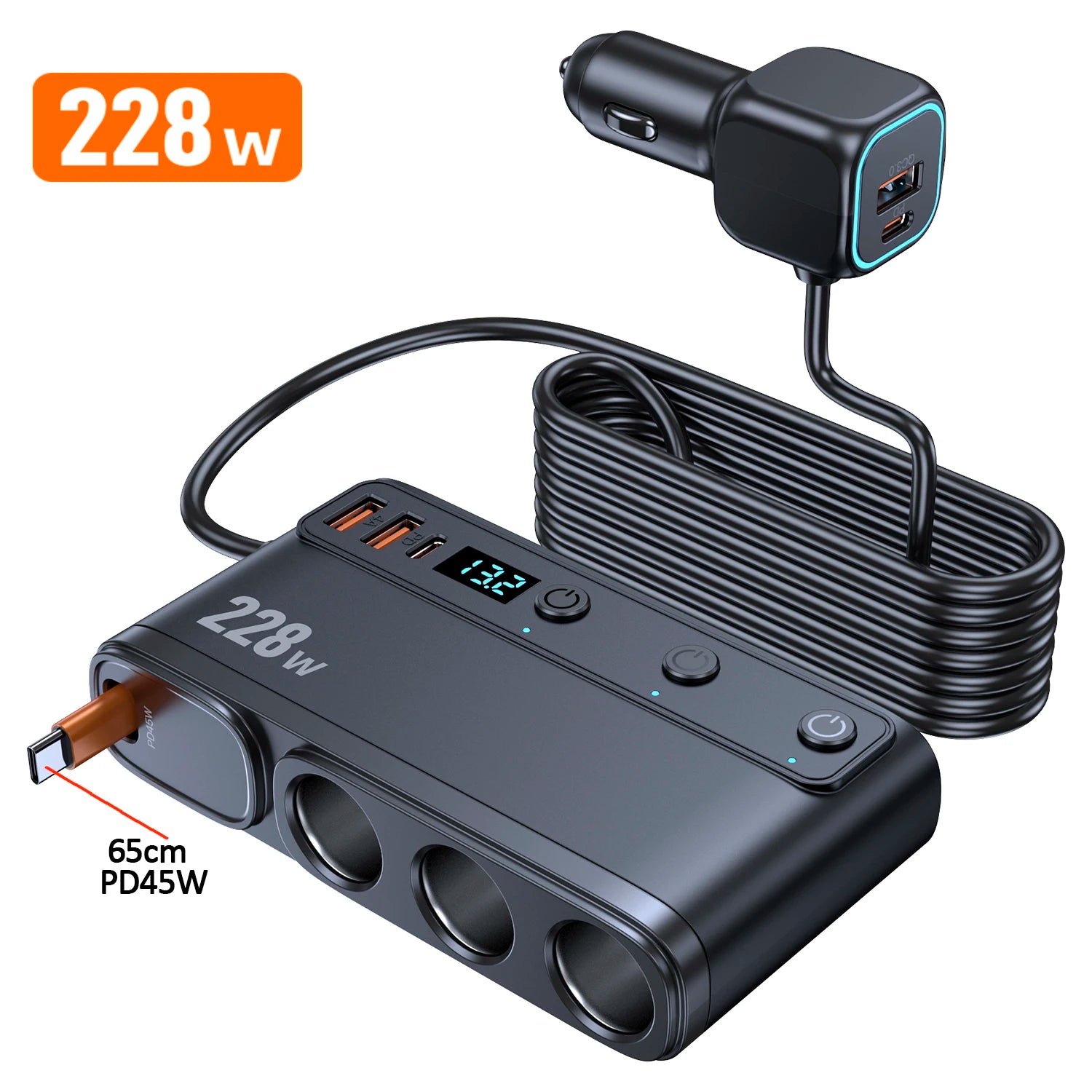 228W 9 Port Car Cigarette Lighter Splitter with Retractable PD Cable