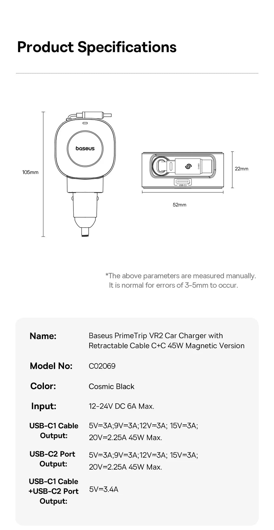 45W Dual USB-C Fast Car Charger with Retractable Cable