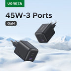45W GaN Fast Wall Charger with 3 Ports for Smartphones and Tablets
