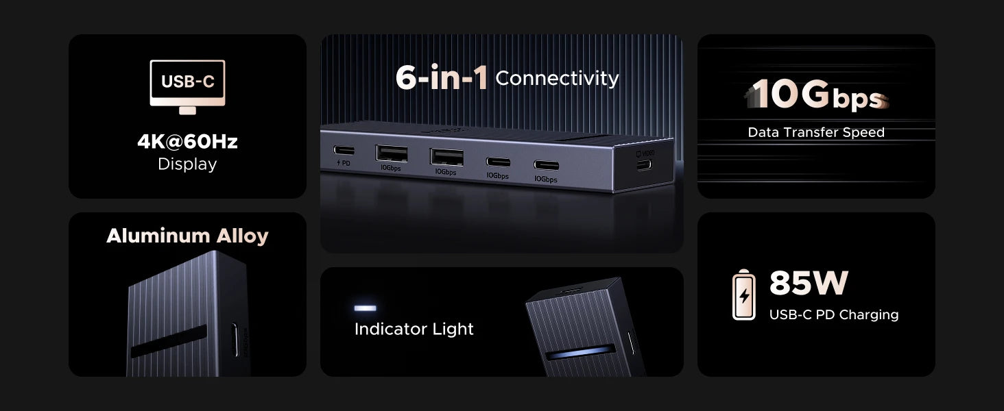 6-in-1 USB-C Hub with 4K 60Hz Video and 100W PD Charging - 8