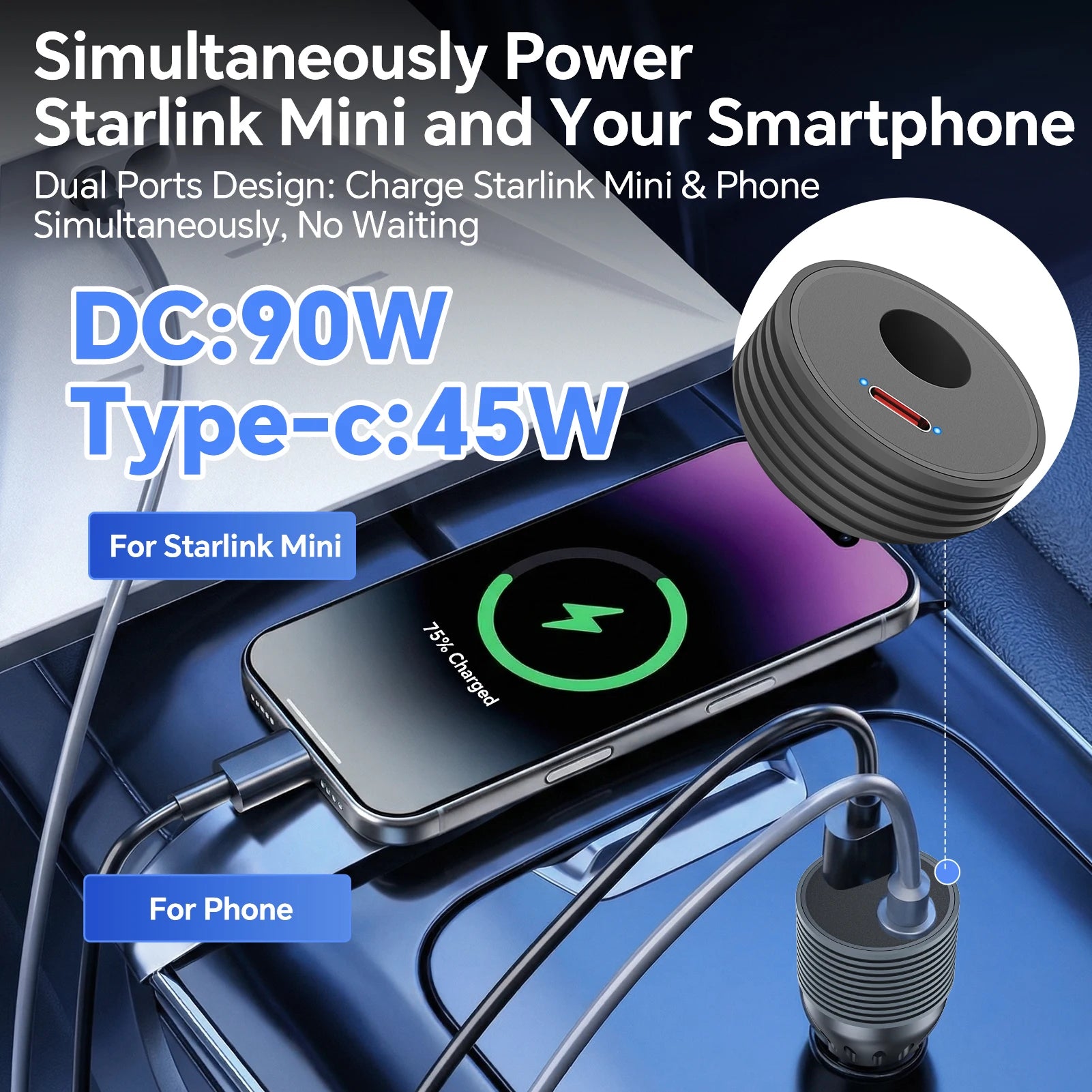 Starlink Mini 90W DC Power Cable 45W Type-C Car Charger 12V-24V