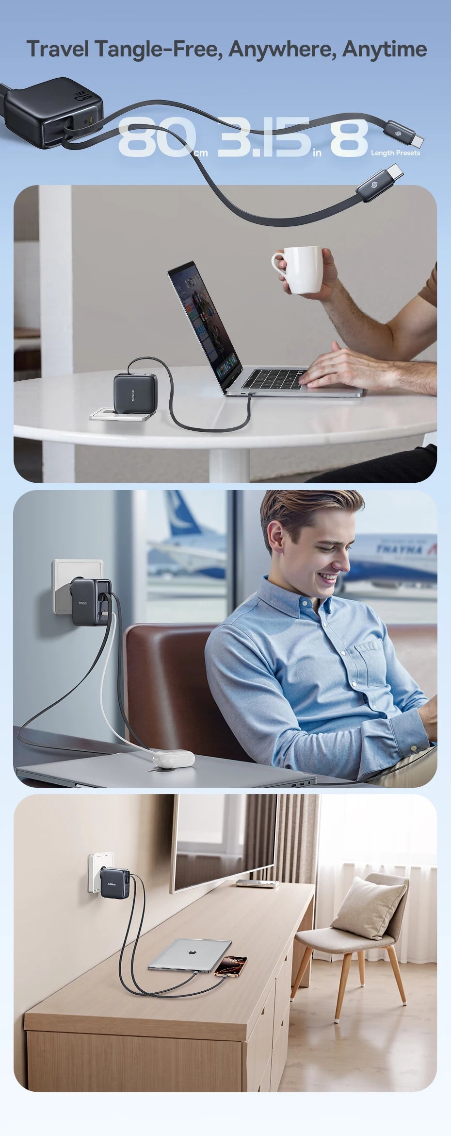 67W GaN Fast Charger with Retractable USB-C Cable for Laptops and Phones - 27