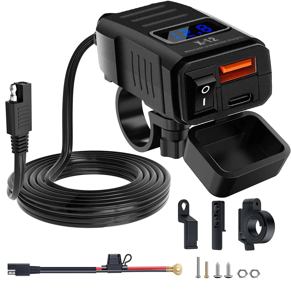 Motorcycle Handlebar USB Type C Charger with Voltmeter and Power Switch