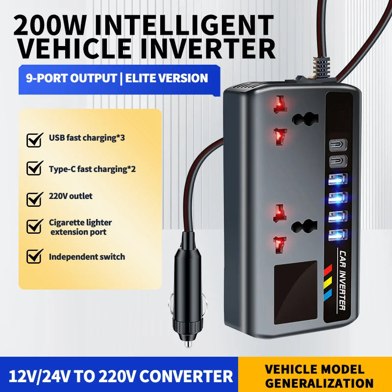 200W 12V/24V to 220V Car Power Inverter with 9 Charging Ports
