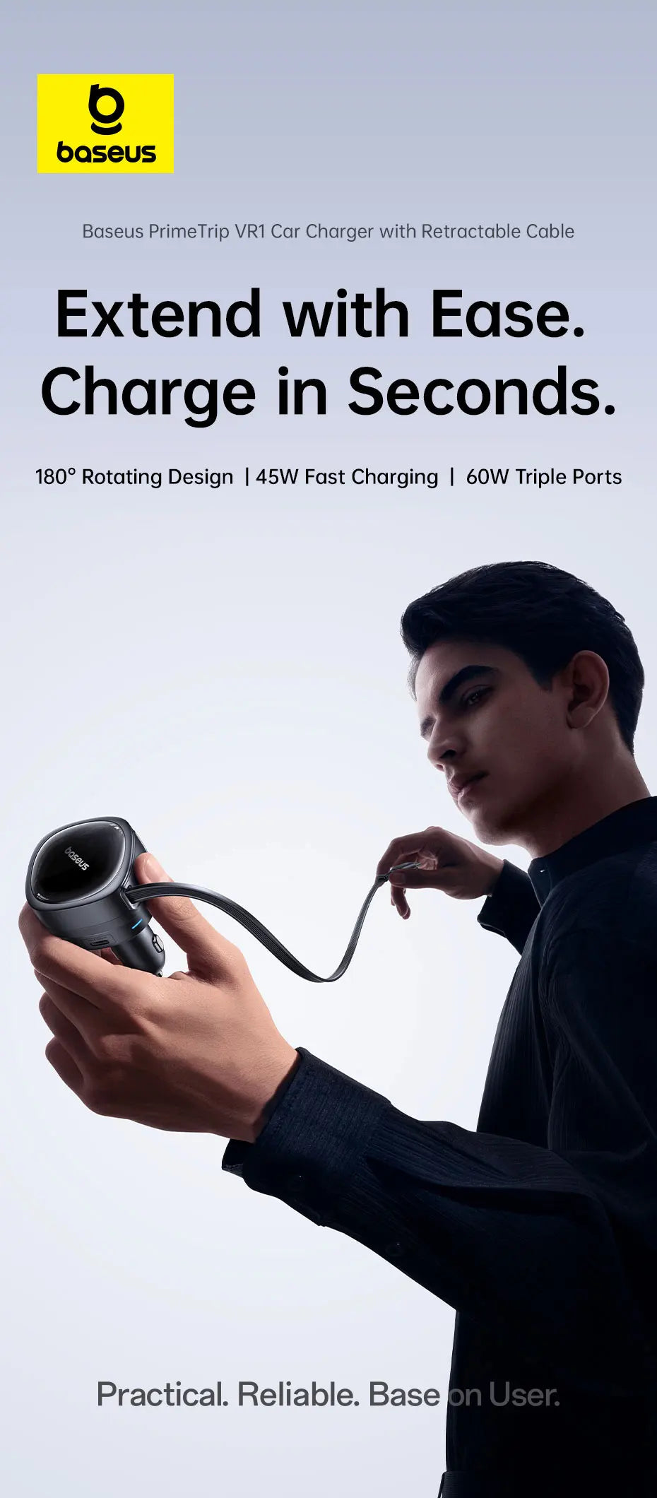 60W Retractable Fast Car Charger with 3 Ports