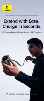 60W Retractable Fast Car Charger with 3 Ports