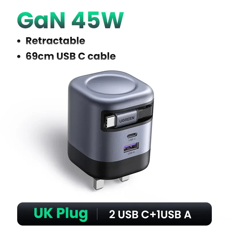 65W GaN Fast Wall Charger with Built-in Retractable USB-C Cable - 25