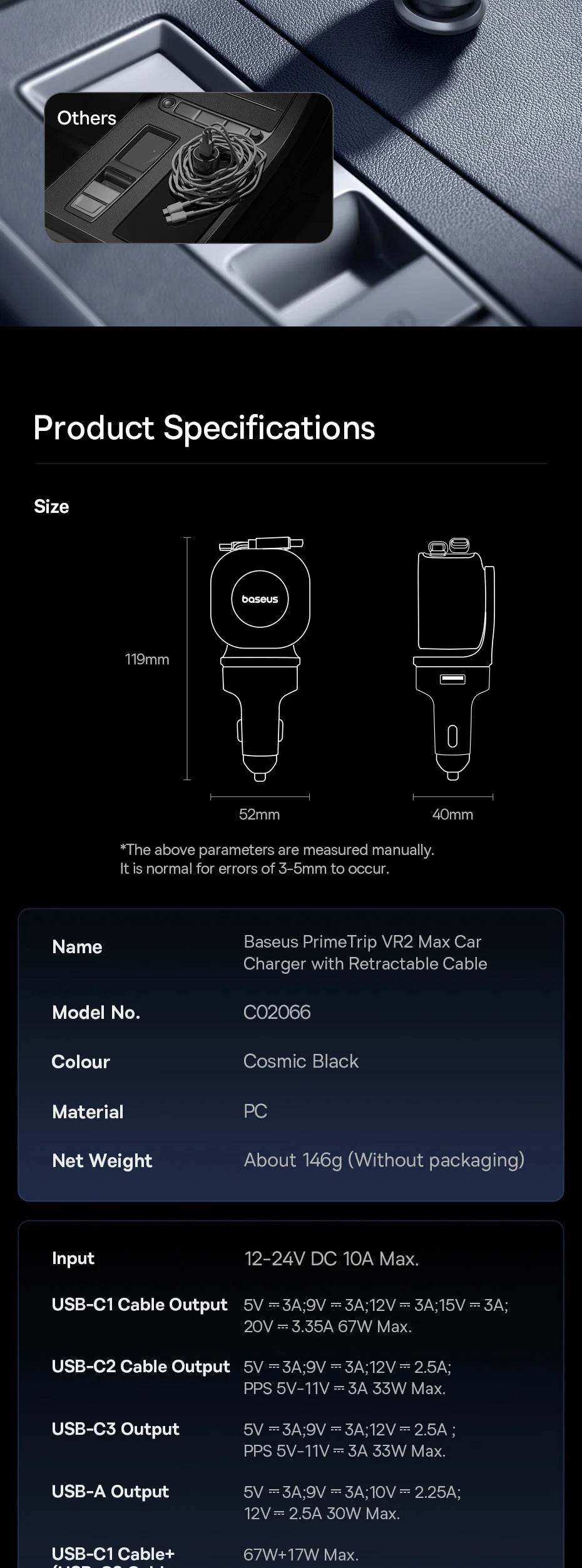 100W Fast Charging 4-Port Retractable Car Charger