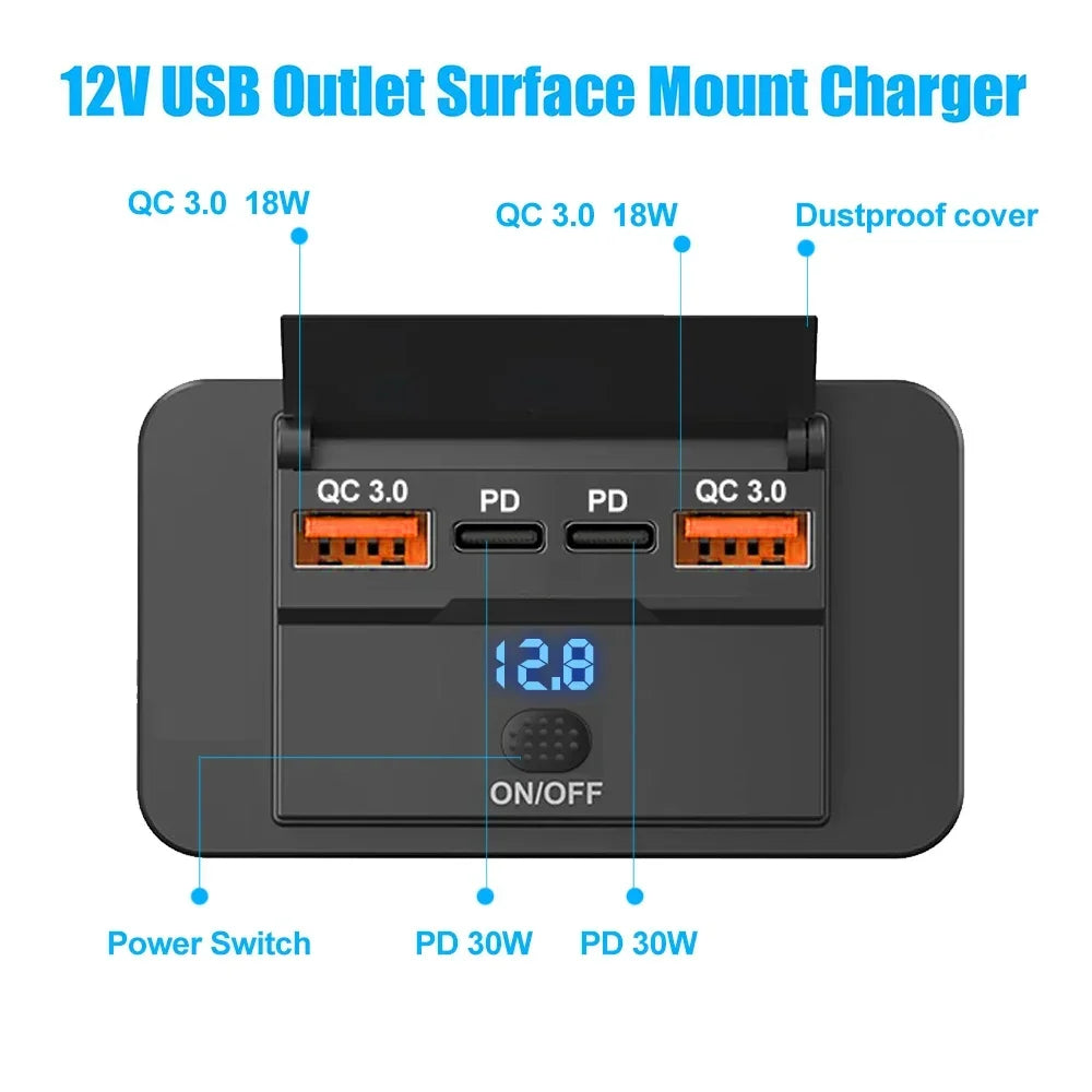 3 or 4 Port USB PD and QC3.0 Fast Charging Socket with LED Display