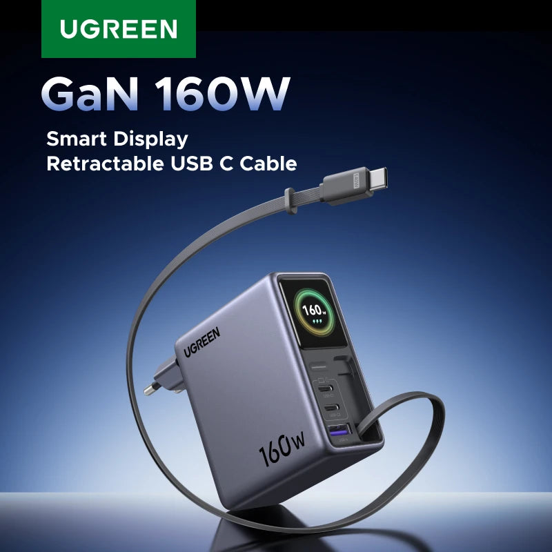 160W GaN Fast Charger with Smart Display and Retractable Cable