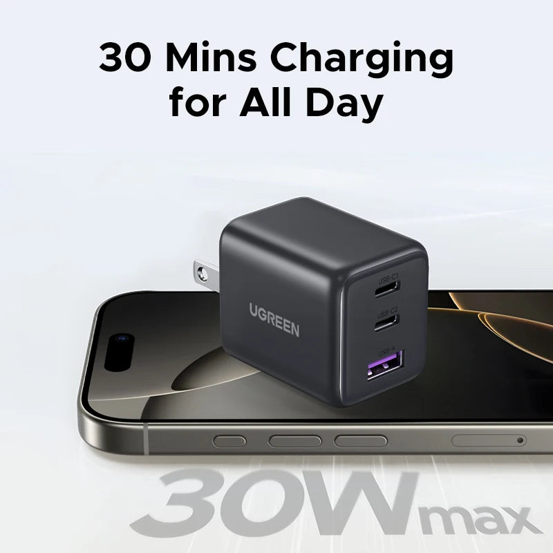 30W GaN Fast Wall Charger with 3 Ports for Smartphones and Tablets - 2