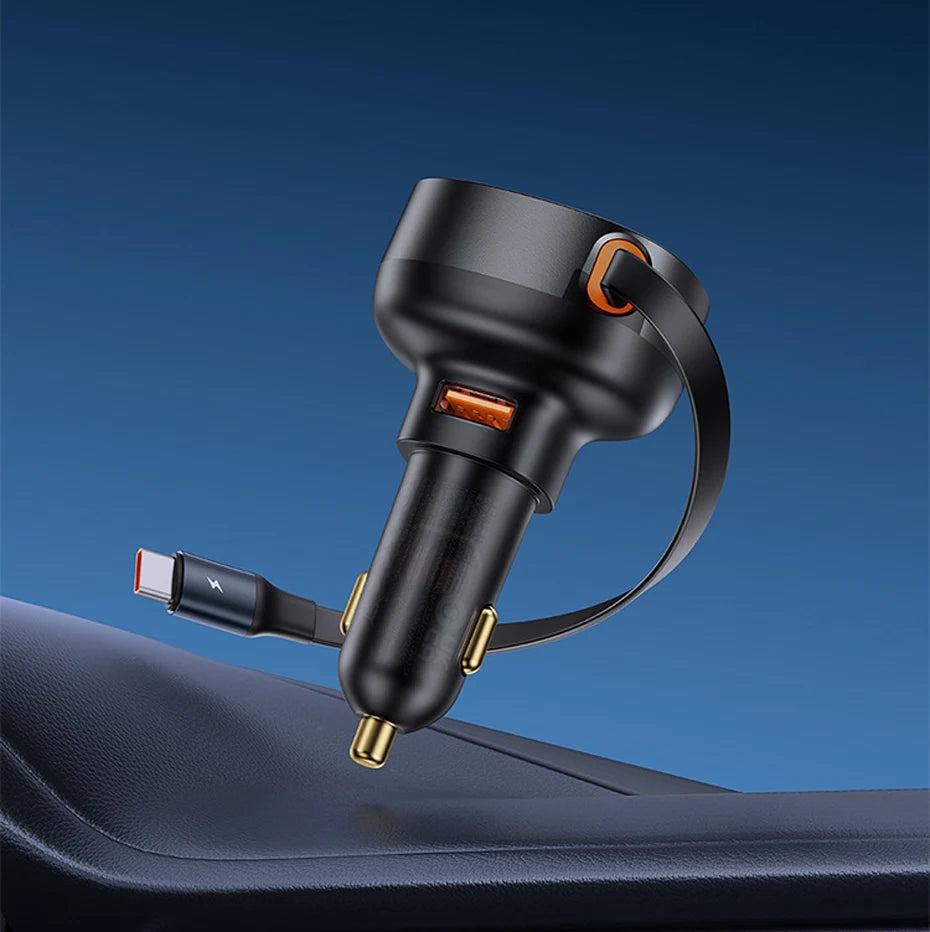 60W Fast Dual Port Car Charger with Retractable Cable