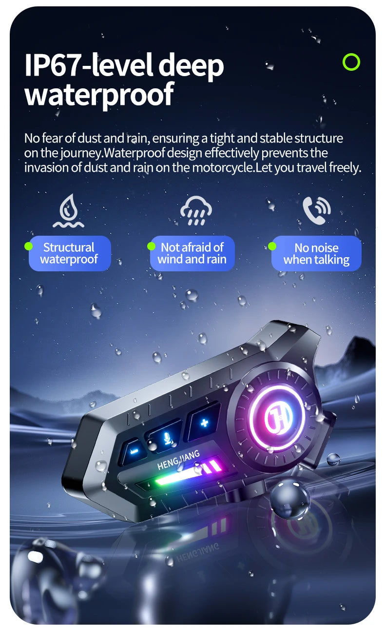 Bluetooth 5.4 Motorcycle Helmet Headset with RGB Lights and IP67 Rating