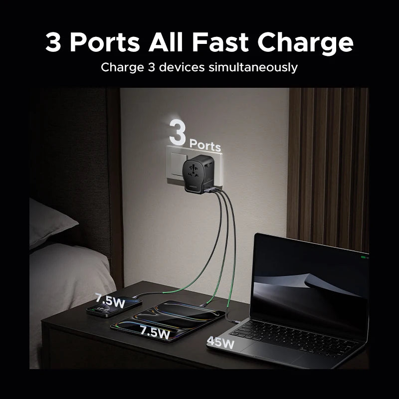 65W GaN Universal Travel Adapter with 2 USB-C and 1 USB-A Ports